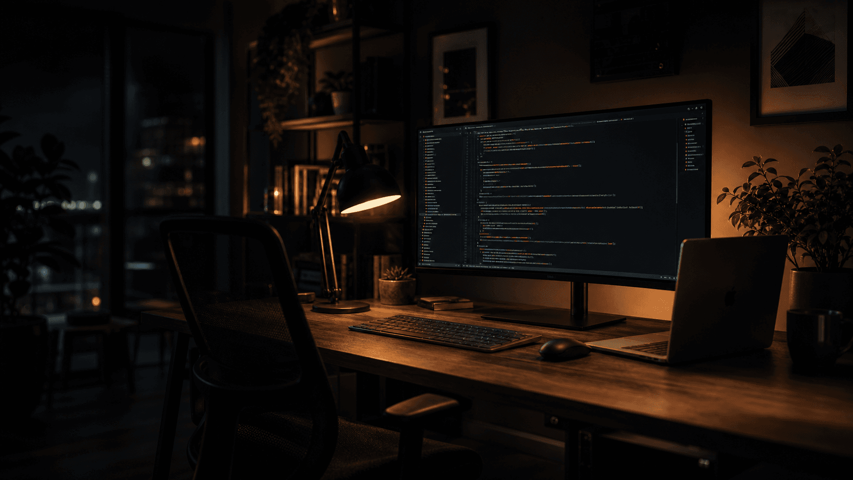 Dark software studio workspace with code on a monitor